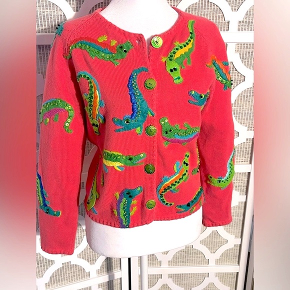 ALLIGATOR CARDIGAN SWEATER MICHAEL SIMON SMALL RETRO CROCODILE ANIMAL PRINT - Picture 5 of 16
